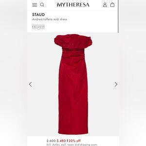 STAUD red off-shoulder taffeta midi dress